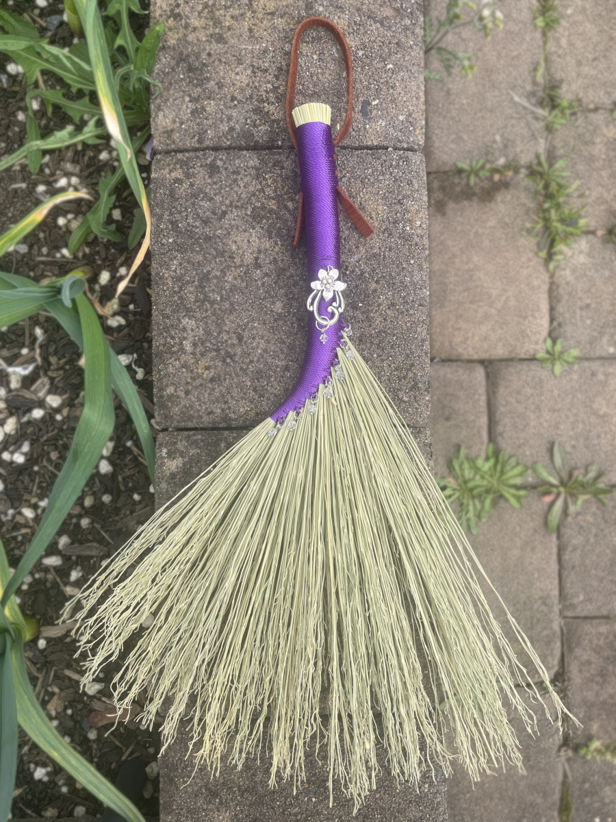 Handmade Hen Wing 14" Broom with Purple Handle, Silver Tone Flower Charm - Image 5