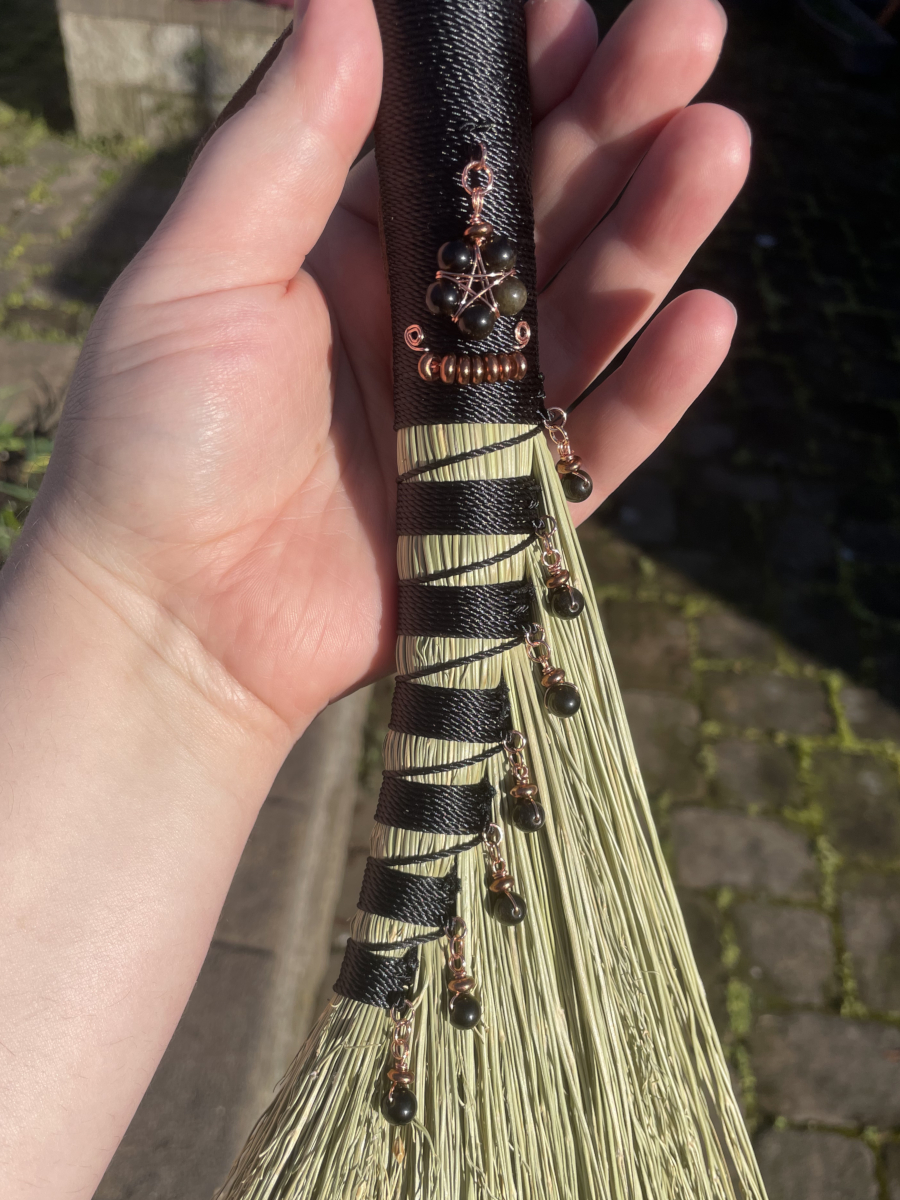 Handmade Turkey Wing Hand Broom 16", Black Handle with Obsidian and Copper Accents - Image 4