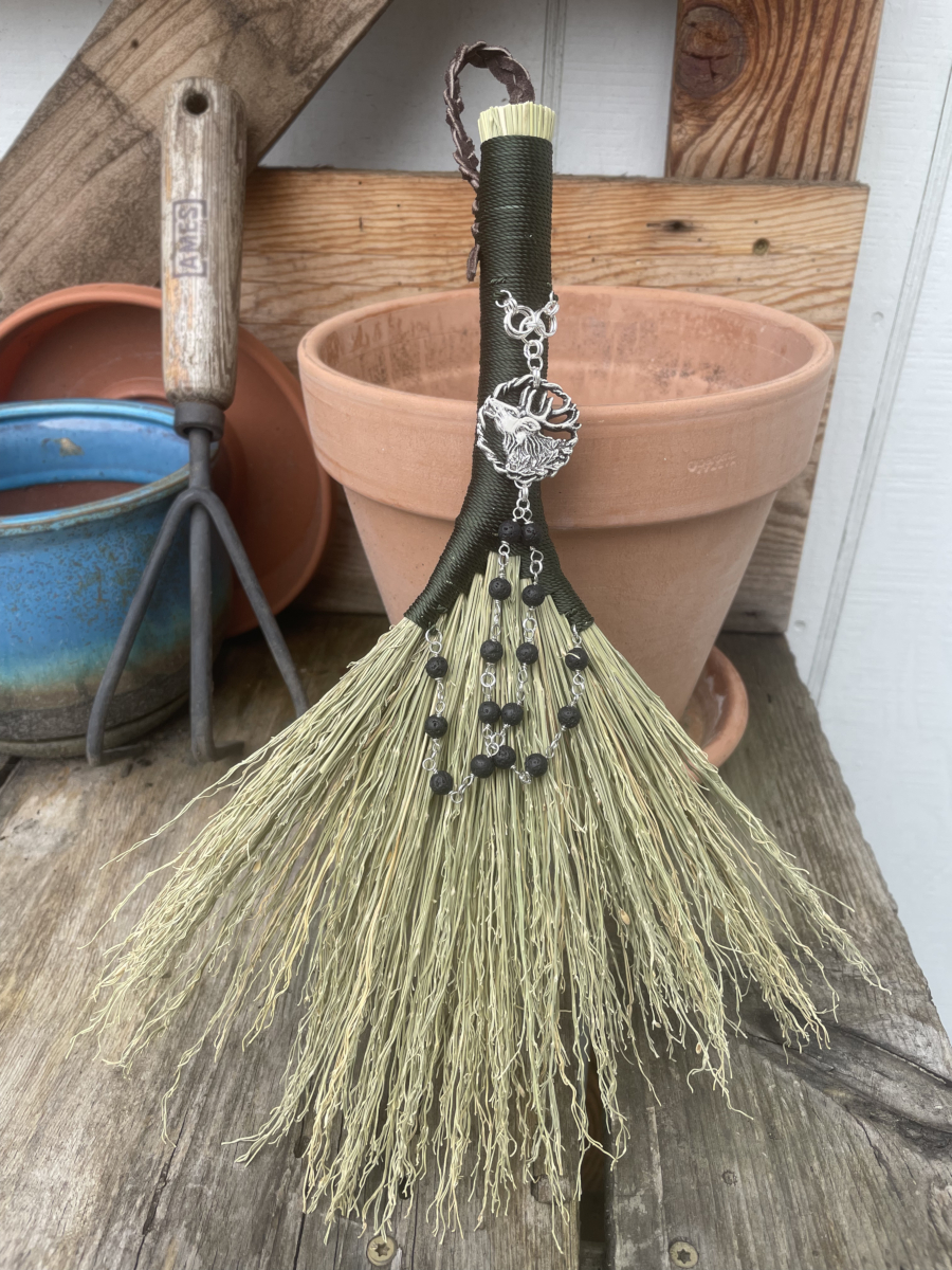 Handmade Double Hen Wing 11" Hand Broom with Green Handle, White Stag Pendant and Lava Rock Chain - Image 4