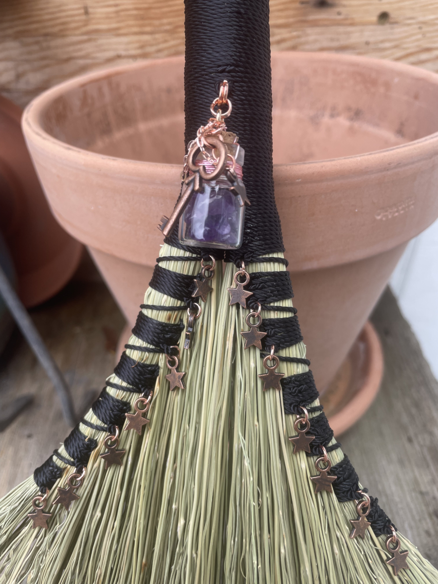 Handmade Double Turkey Wing 13" Hand Broom with Black Handle, Amethyst Jar Pendant and Copper Stars - Image 4