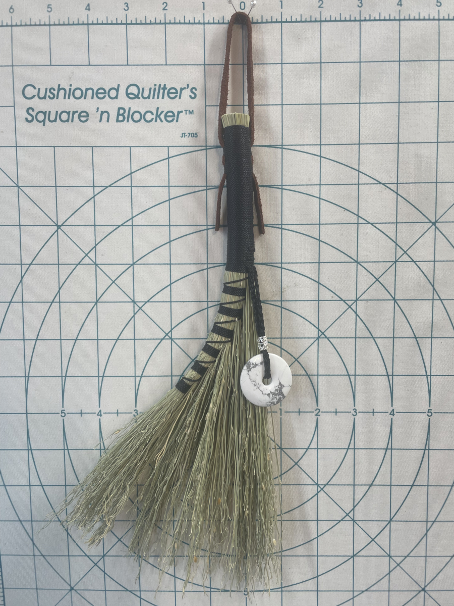 Handmade Turkey Wing 12" Broom with Black Handle, Howlite Doughnut Pendant and Suede Loop - Image 5