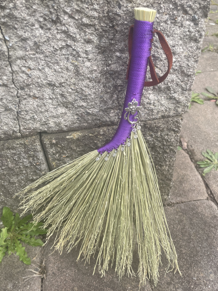 Handmade Hen Wing 14" Broom with Purple Handle, Silver Tone Flower Charm - Image 4