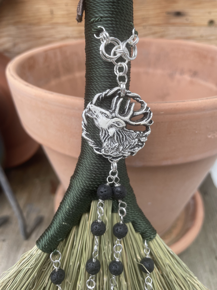 Handmade Double Hen Wing 11" Hand Broom with Green Handle, White Stag Pendant and Lava Rock Chain - Image 5