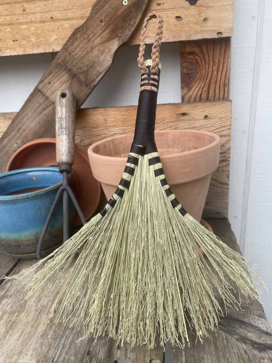 Handmade Double Turkey Wing 13" Hand Broom with Black Handle, Amethyst Jar Pendant and Copper Stars - Image 5