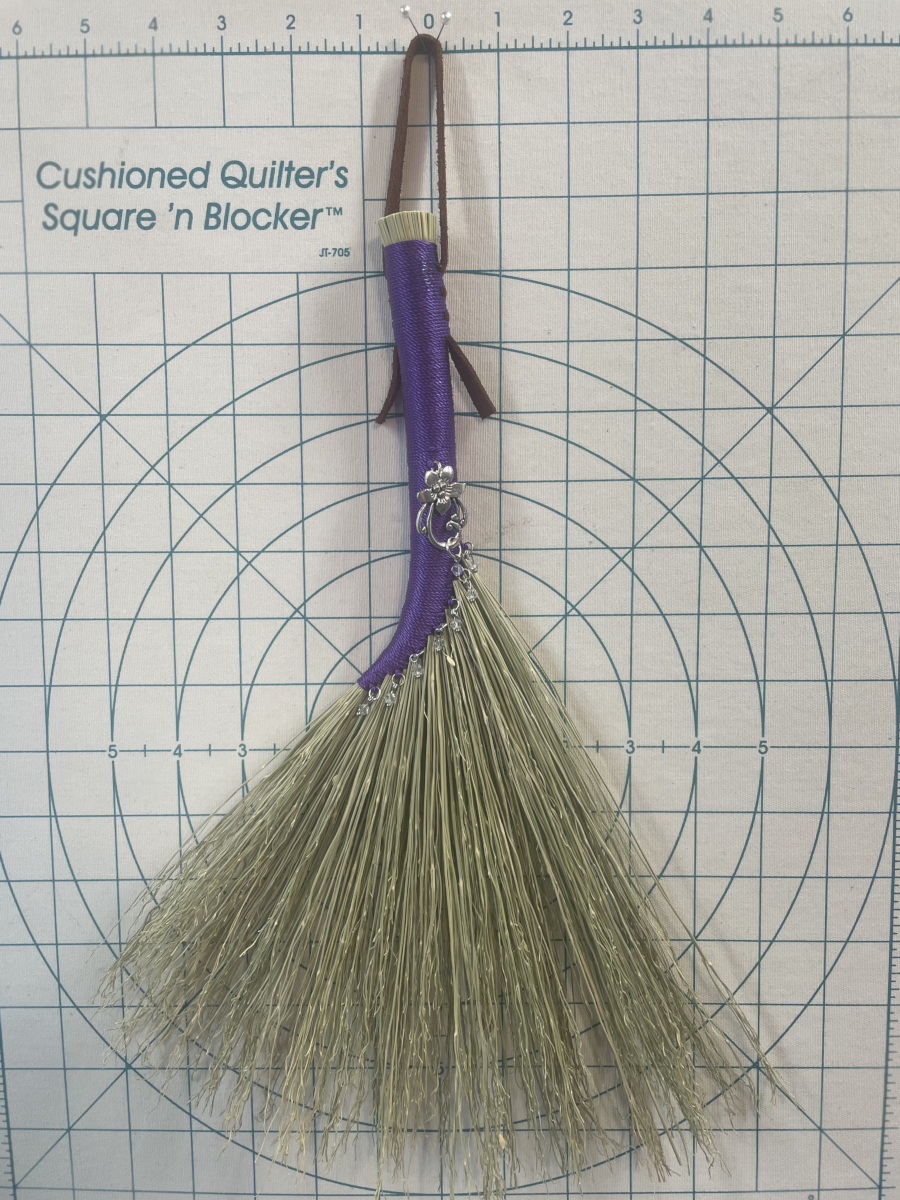 Handmade Hen Wing 14" Broom with Purple Handle, Silver Tone Flower Charm - Image 6