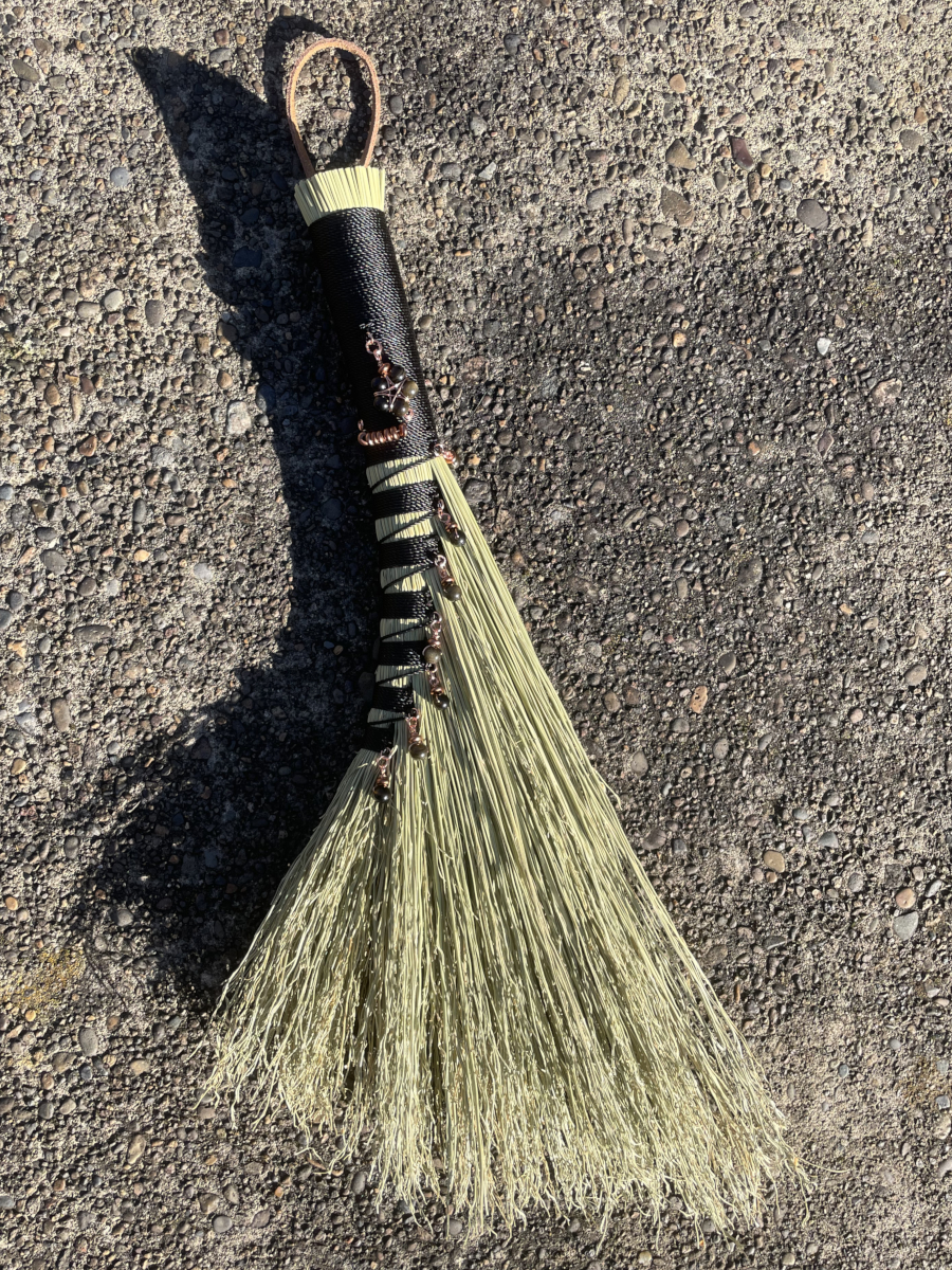 Handmade Turkey Wing Hand Broom 16", Black Handle with Obsidian and Copper Accents - Image 3
