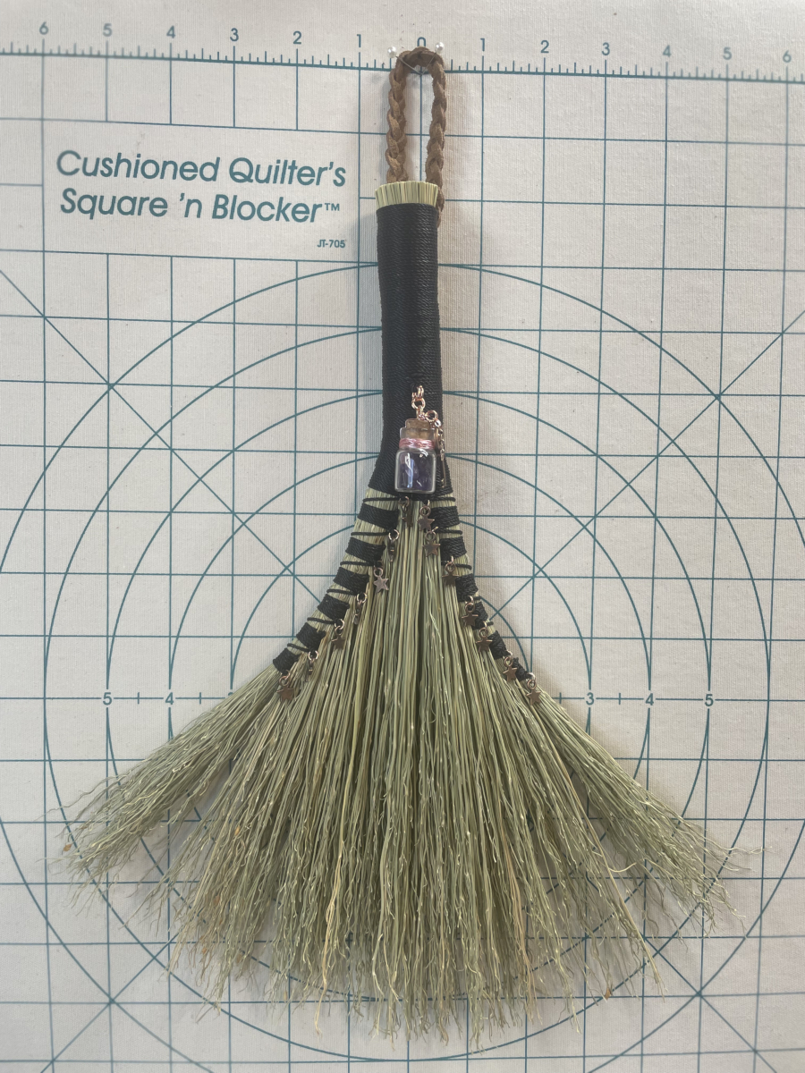 Handmade Double Turkey Wing 13" Hand Broom with Black Handle, Amethyst Jar Pendant and Copper Stars - Image 6