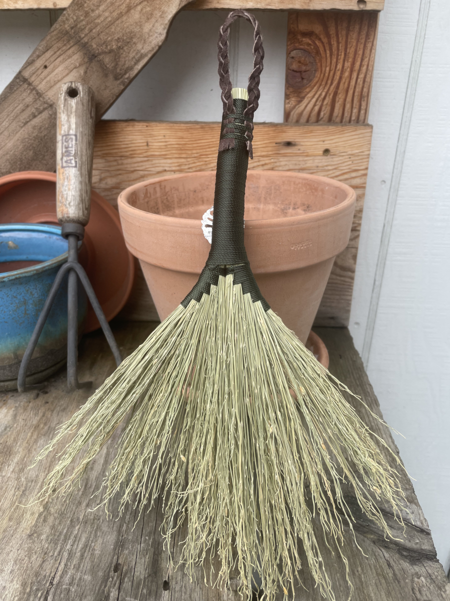 Handmade Double Hen Wing 11" Hand Broom with Green Handle, White Stag Pendant and Lava Rock Chain - Image 6