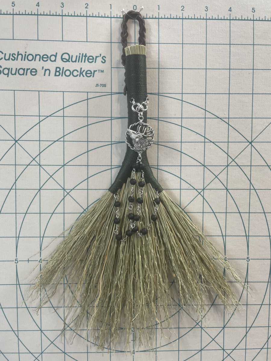 Handmade Double Hen Wing 11" Hand Broom with Green Handle, White Stag Pendant and Lava Rock Chain - Image 7