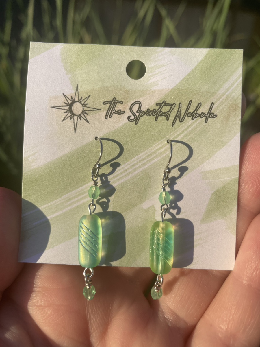Handmade Earrings, Blue and Green Uranium Glass Beads with Stainless Steel Fishhook Ear Wire - Image 2