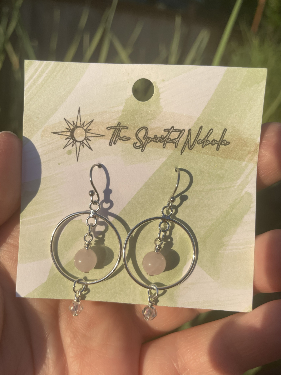 Handmade Earrings, Rose Quartz Bead inside Drop Hoop, with Stainless Steel Fishhook Ear Wire - Image 2