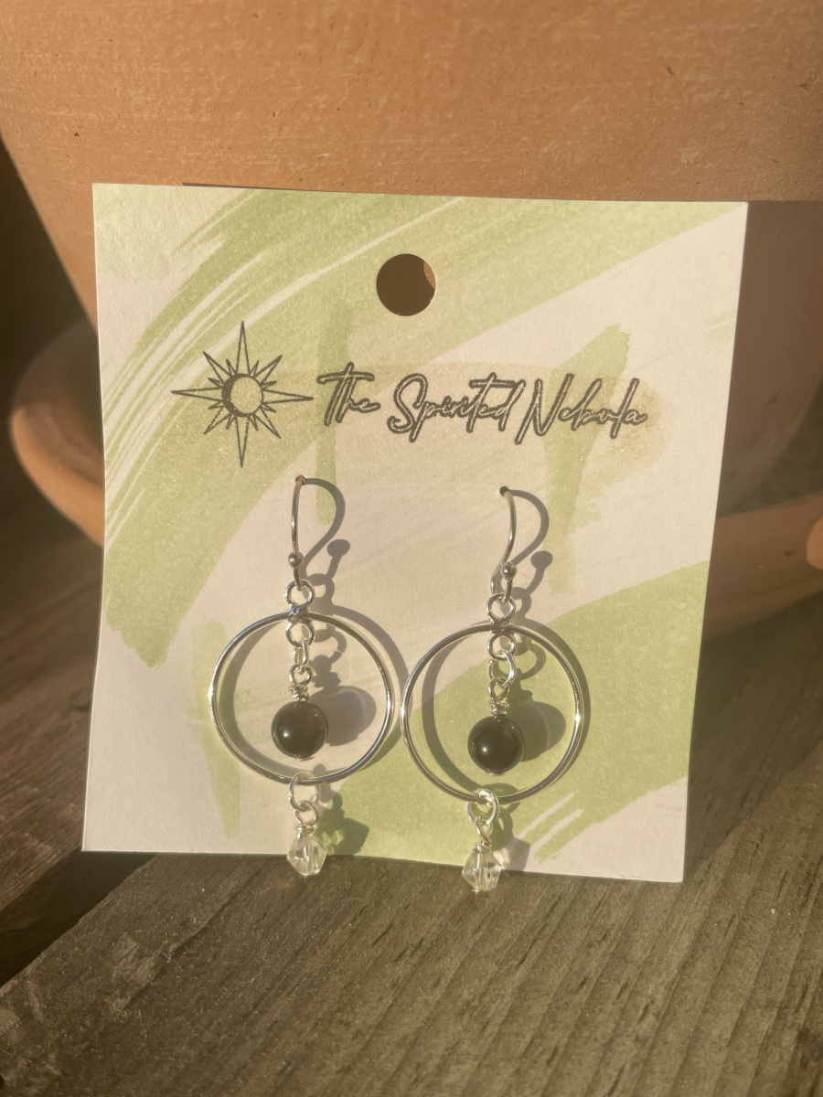 Handmade Earrings, Obsidian Bead inside Drop Hoop, with Stainless Steel Fishhook Ear Wire