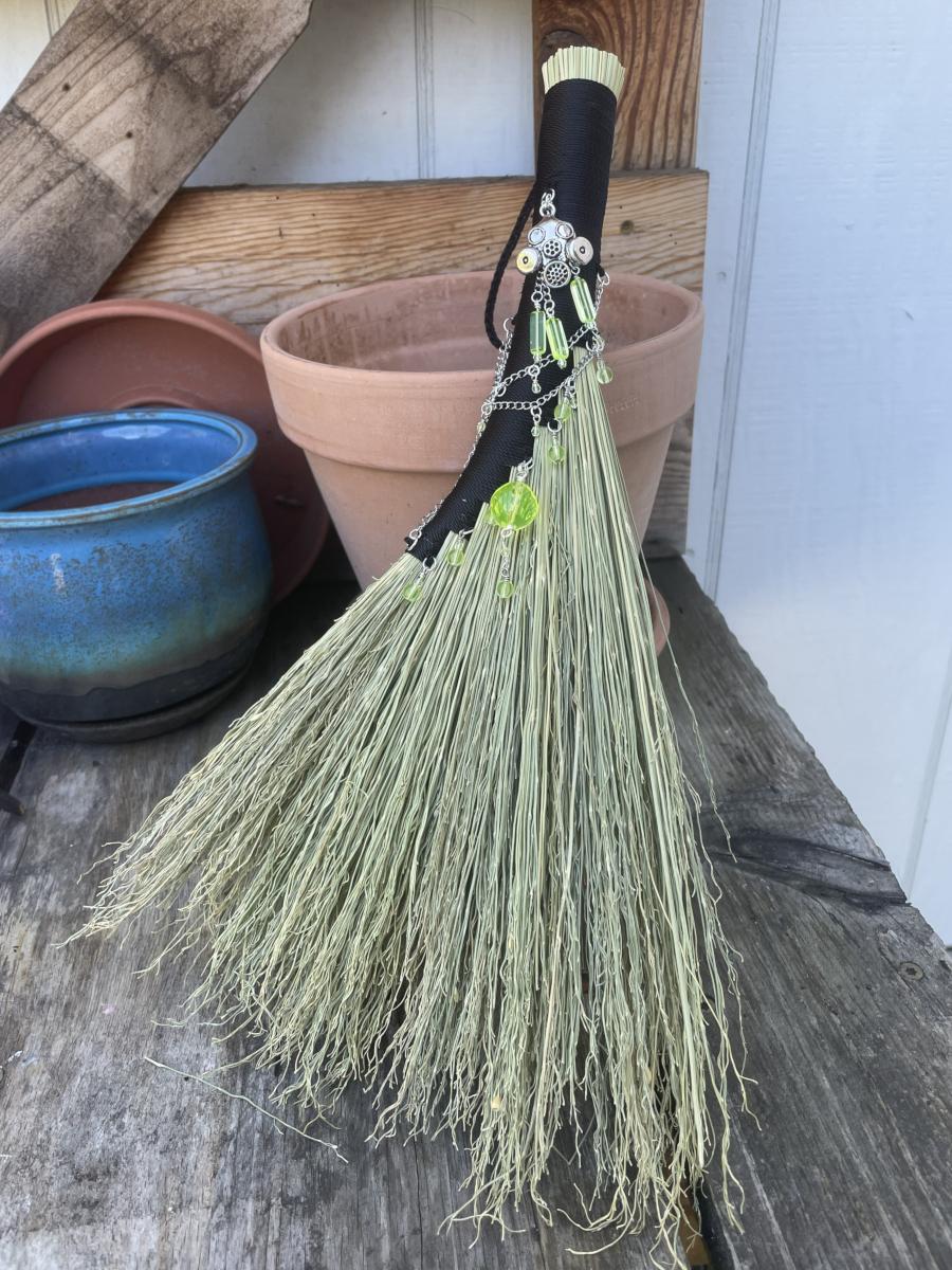 Handmade Hen Wing 15" Whisk Broom with Black Handle, Gas Mask Charm and UG Beads - Image 2