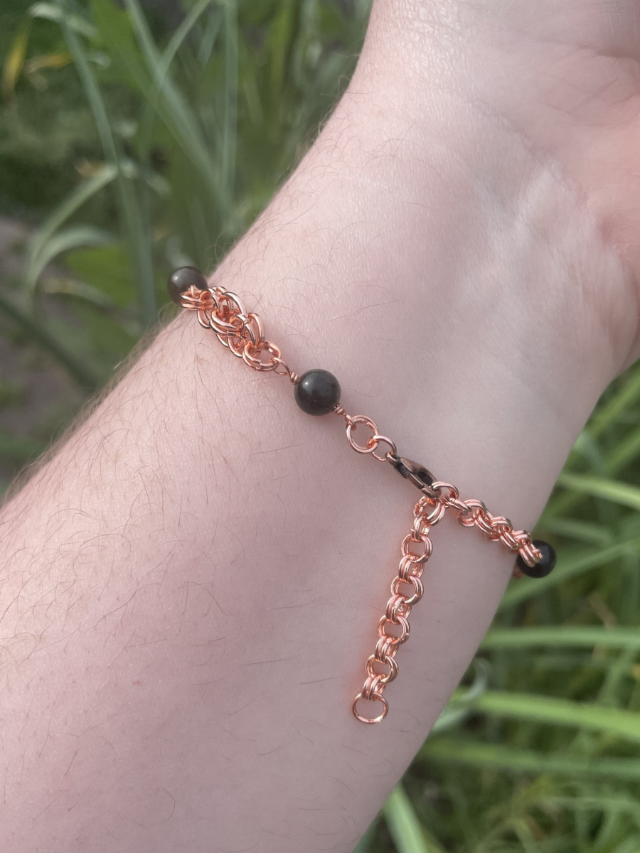 Copper Tone Chainmail Bracelet with Obsidian Beads - Image 2