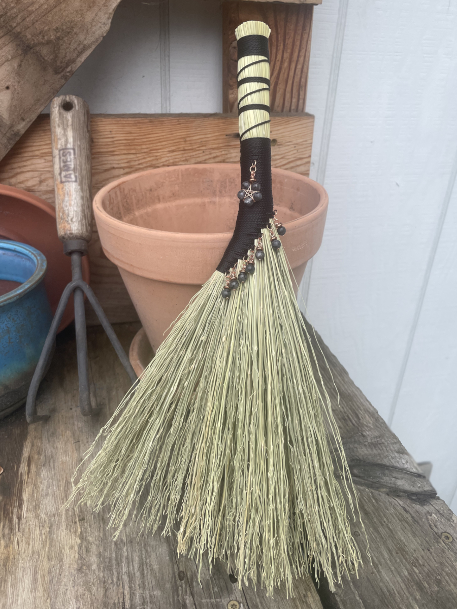Handmade Hen Wing 14" Broom with Black Handle, Dark Labradorite Pendant with Copper Accents
