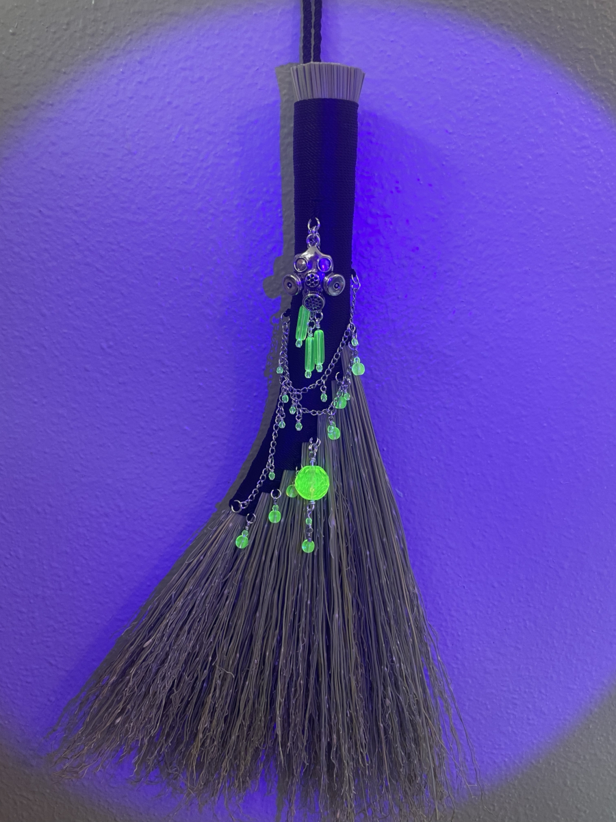 Handmade Hen Wing 15" Whisk Broom with Black Handle, Gas Mask Charm and UG Beads - Image 8