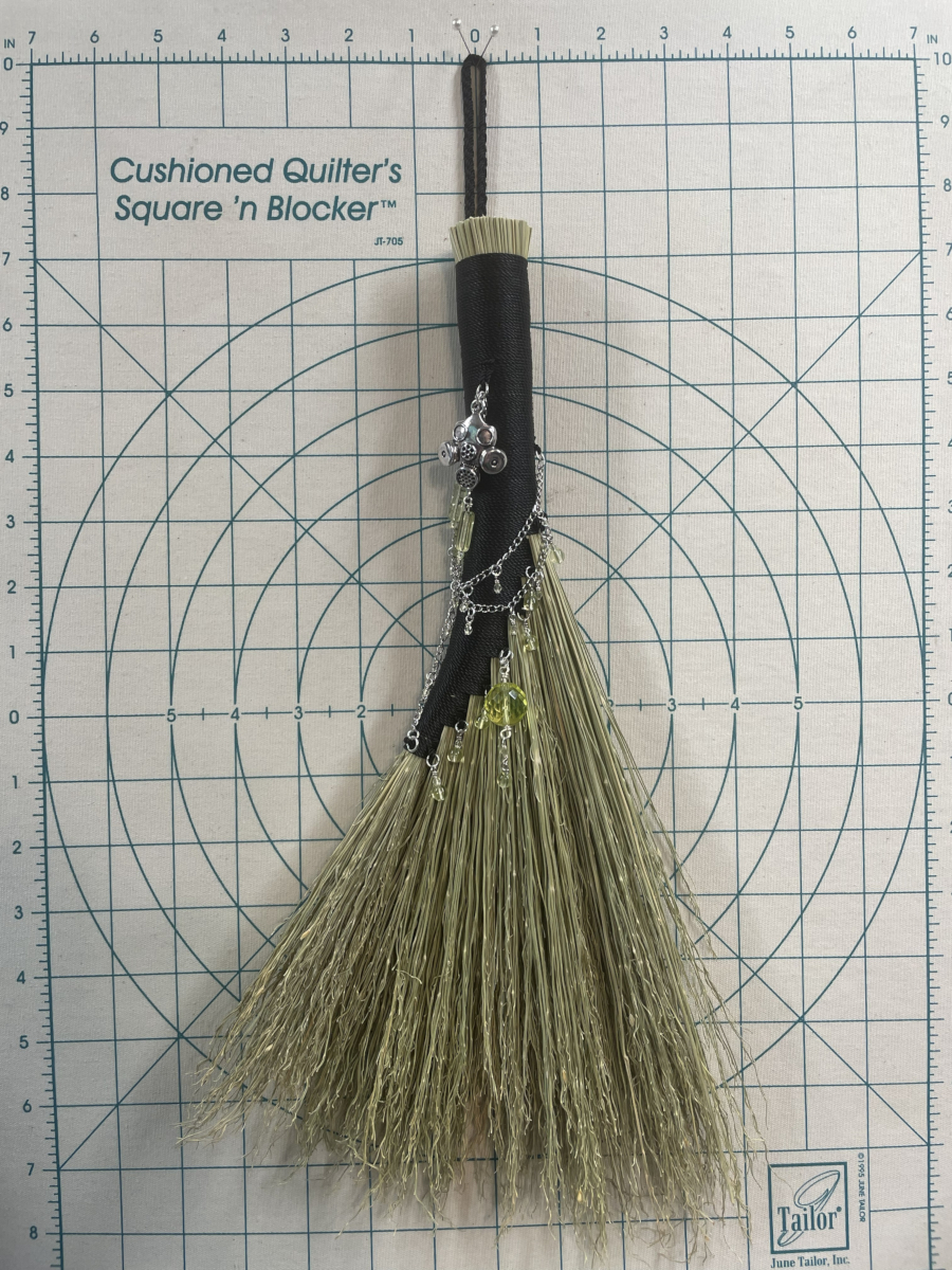 Handmade Hen Wing 15" Whisk Broom with Black Handle, Gas Mask Charm and UG Beads - Image 9