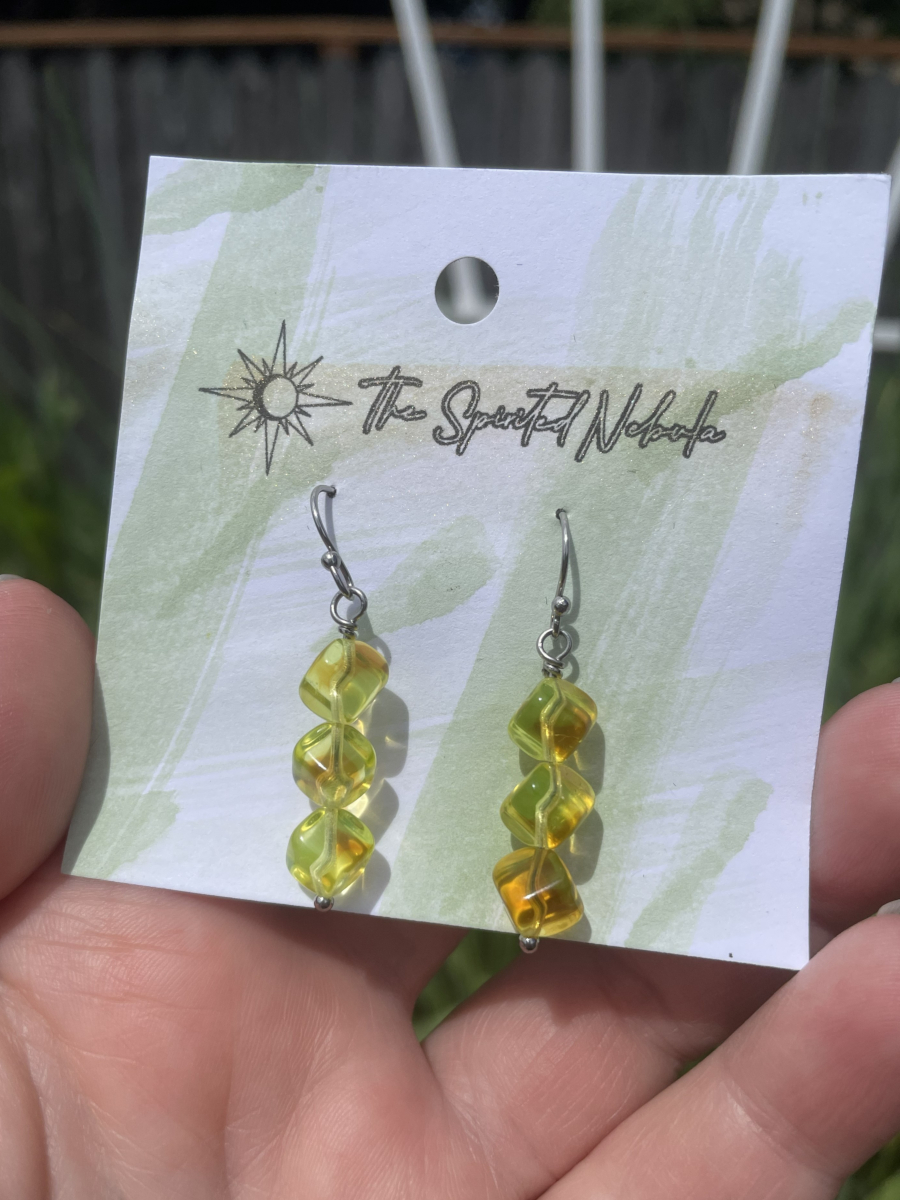 Handmade Earrings, Yellow Cube Uranium Glass Beads with Stainless Steel Fishhook Ear Wire - Image 3
