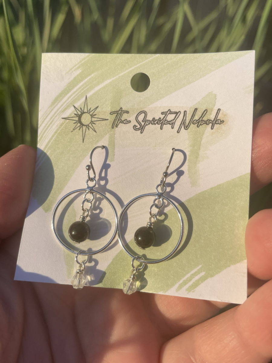 Handmade Earrings, Obsidian Bead inside Drop Hoop, with Stainless Steel Fishhook Ear Wire - Image 2