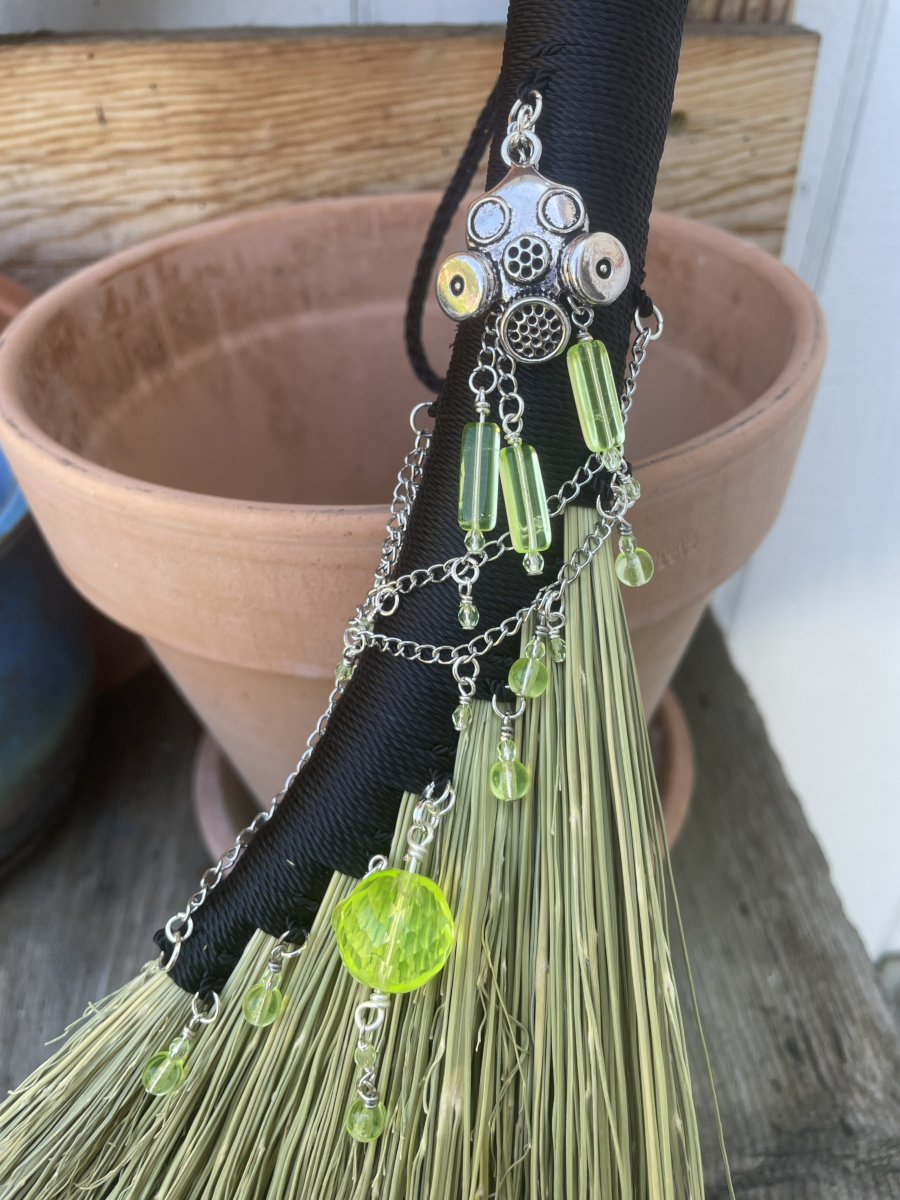 Handmade Hen Wing 15" Whisk Broom with Black Handle, Gas Mask Charm and UG Beads - Image 3
