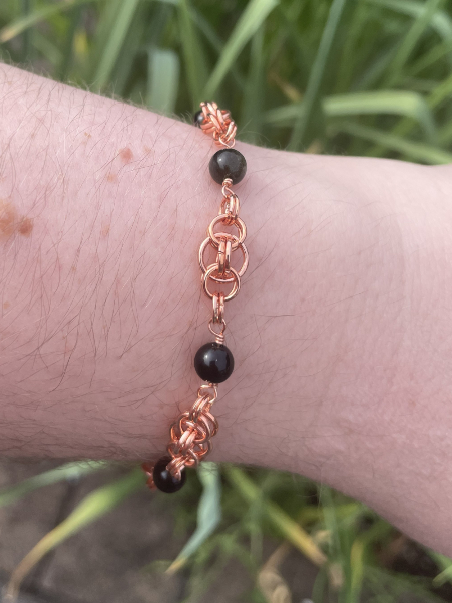 Copper Tone Chainmail Bracelet with Obsidian Beads - Image 3