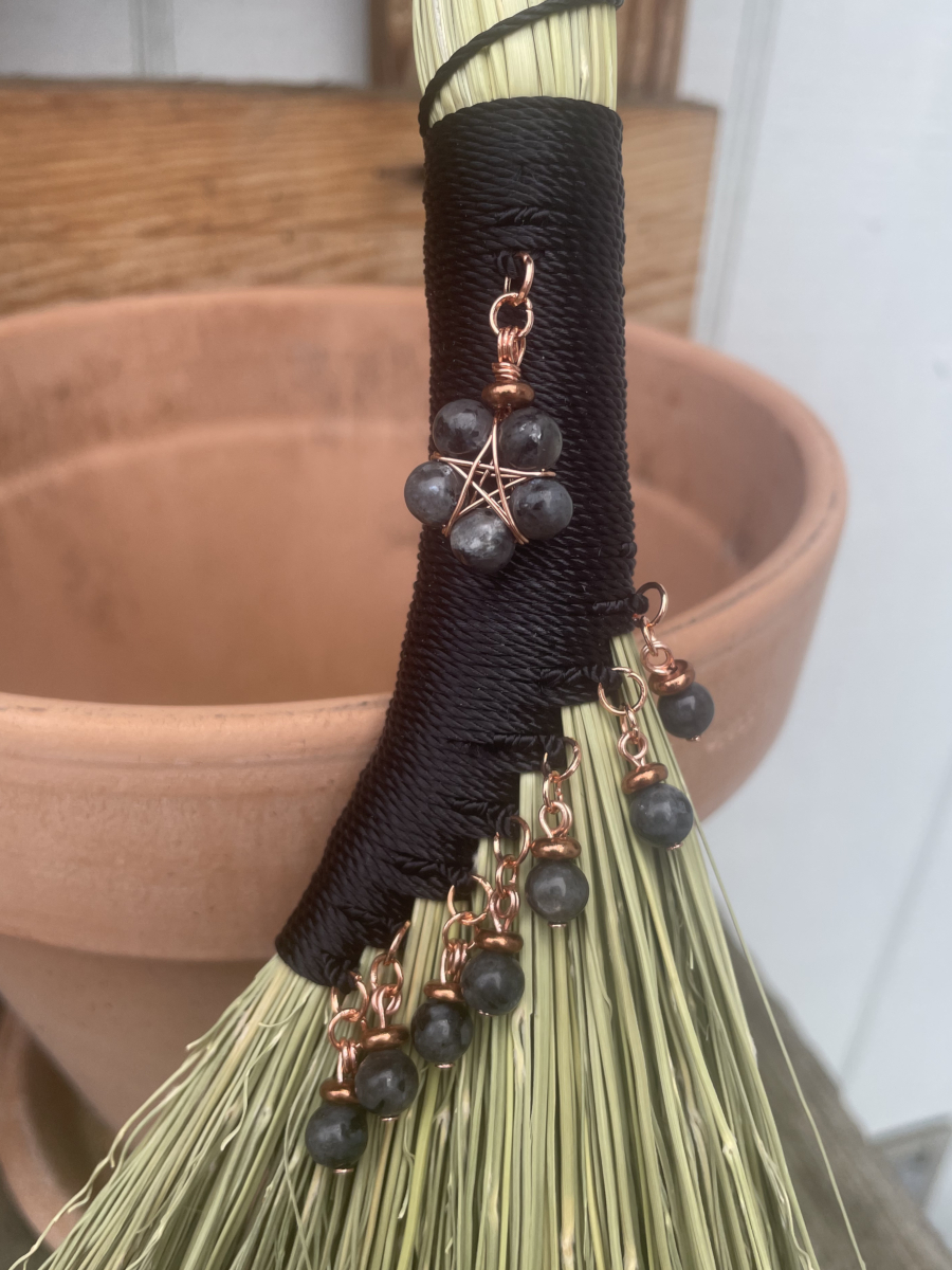 Handmade Hen Wing 14" Broom with Black Handle, Dark Labradorite Pendant with Copper Accents - Image 3