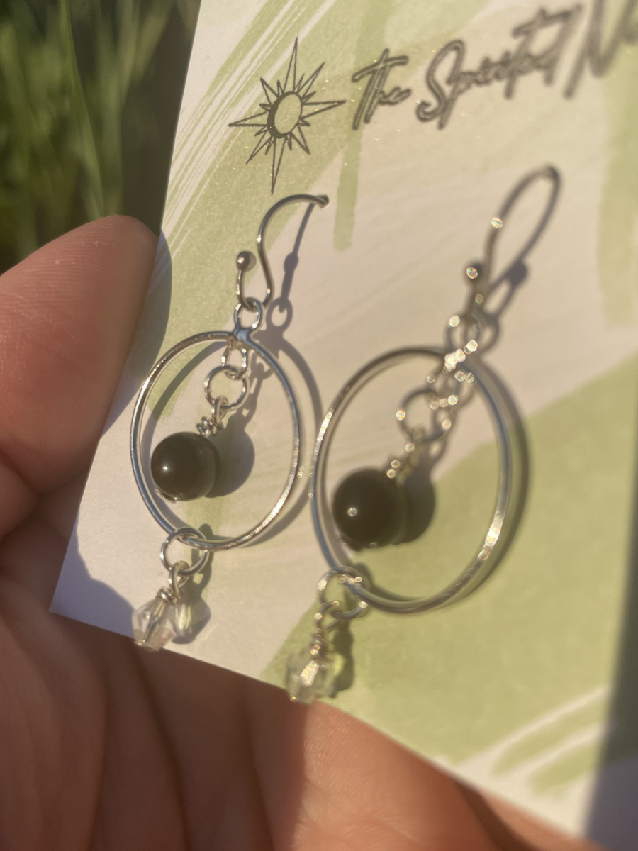 Handmade Earrings, Obsidian Bead inside Drop Hoop, with Stainless Steel Fishhook Ear Wire - Image 3
