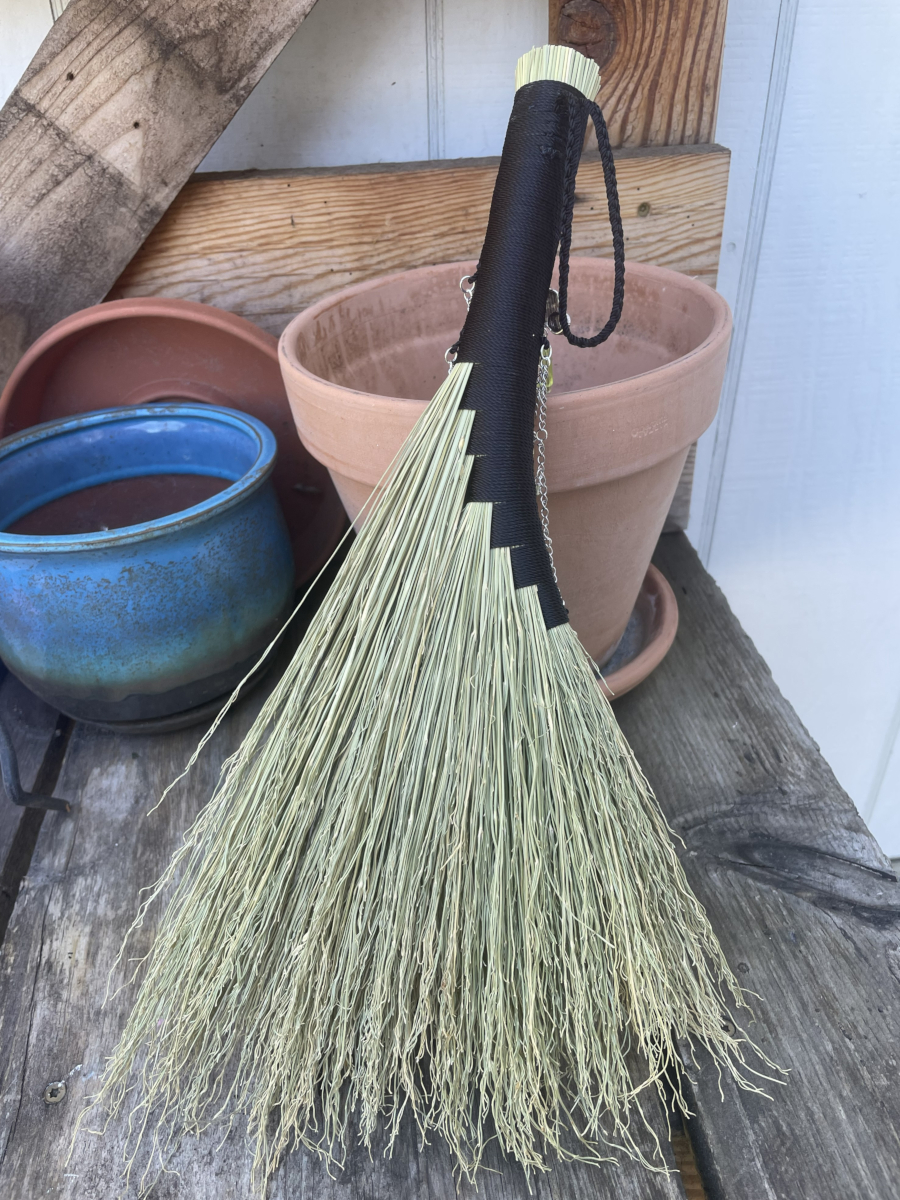 Handmade Hen Wing 15" Whisk Broom with Black Handle, Gas Mask Charm and UG Beads - Image 4