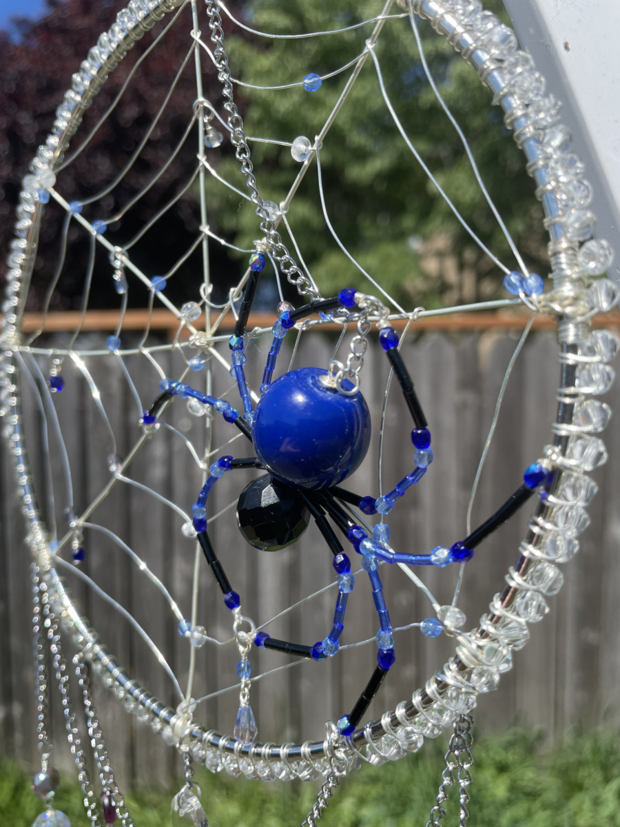 Handmade Spider on Web Suncatcher, Blue and Black Accents