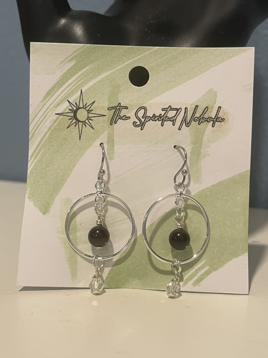 Handmade Earrings, Obsidian Bead inside Drop Hoop, with Stainless Steel Fishhook Ear Wire - Image 4