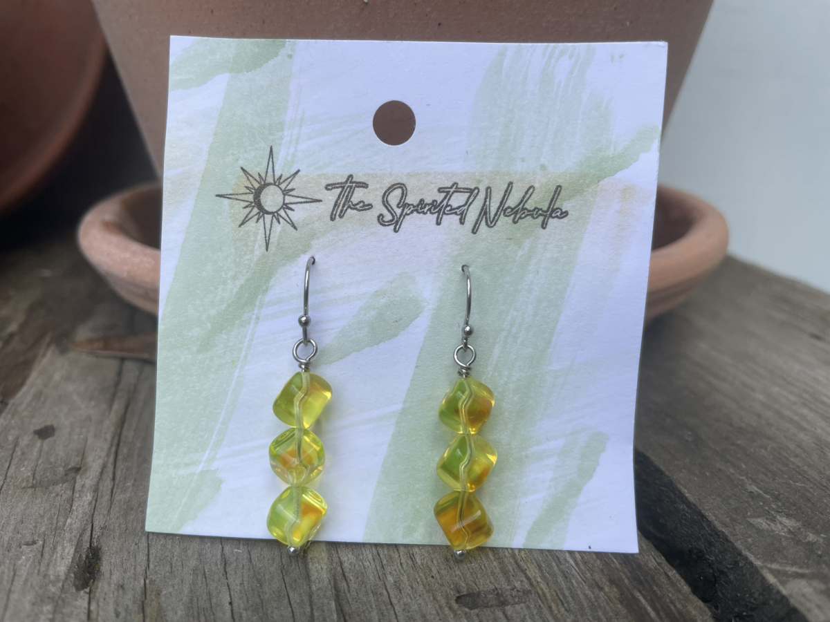 Handmade Earrings, Yellow Cube Uranium Glass Beads with Stainless Steel Fishhook Ear Wire - Image 4