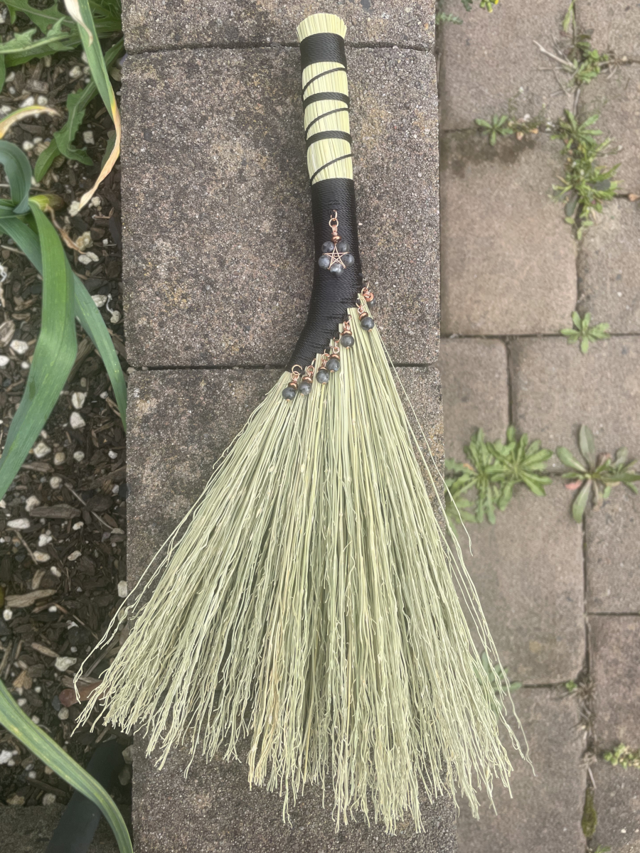 Handmade Hen Wing 14" Broom with Black Handle, Dark Labradorite Pendant with Copper Accents - Image 5