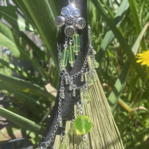 Handmade Hen Wing 15" Whisk Broom with Black Handle, Gas Mask Charm and UG Beads