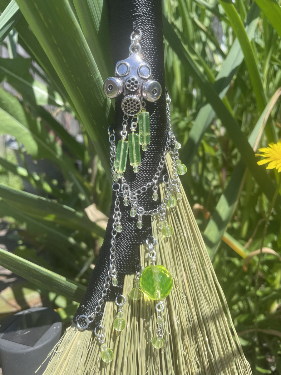 Handmade Hen Wing 15" Whisk Broom with Black Handle, Gas Mask Charm and UG Beads