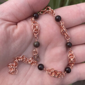 Copper Tone Chainmail Bracelet with Obsidian Beads