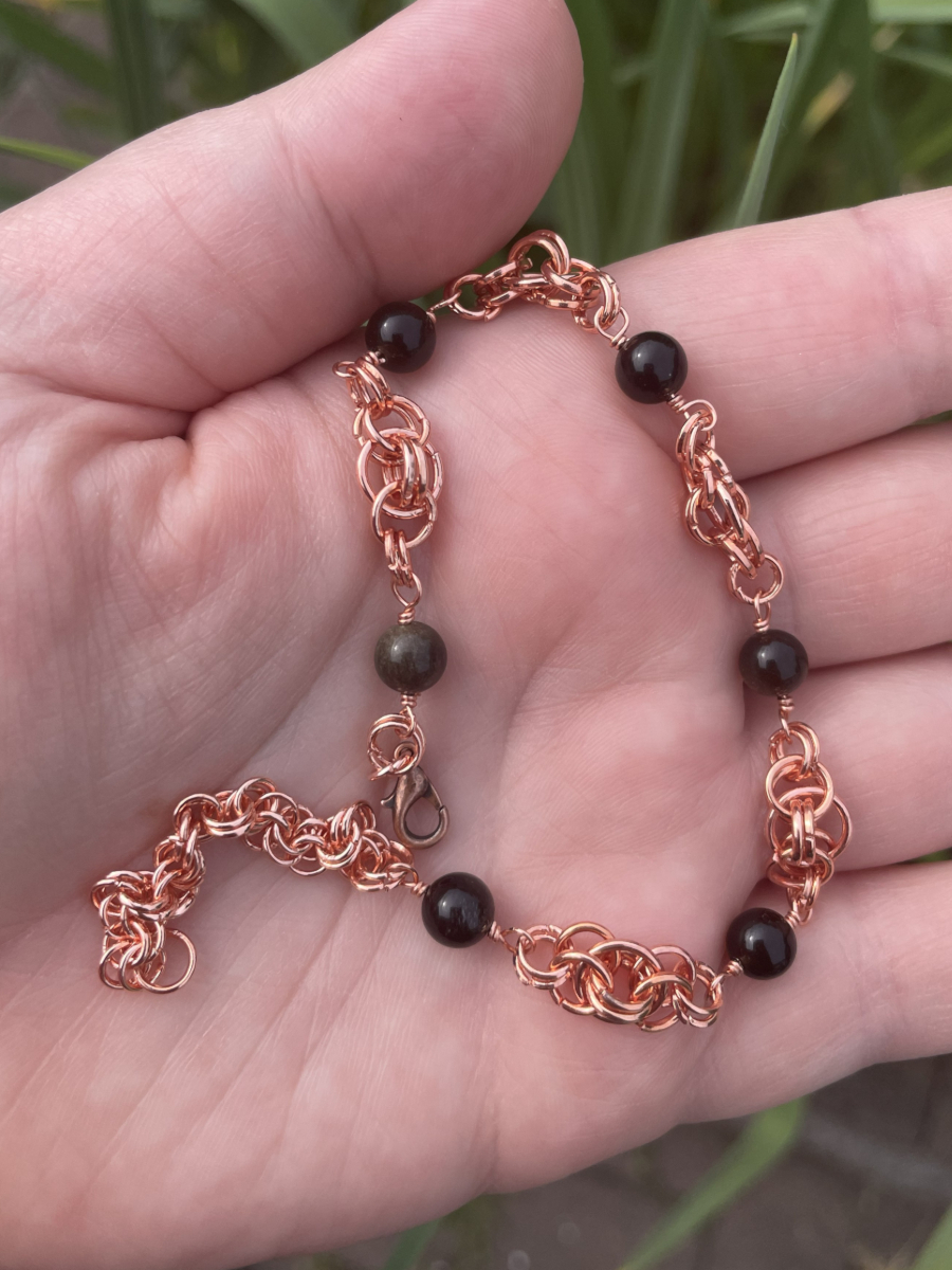 Copper Tone Chainmail Bracelet with Obsidian Beads