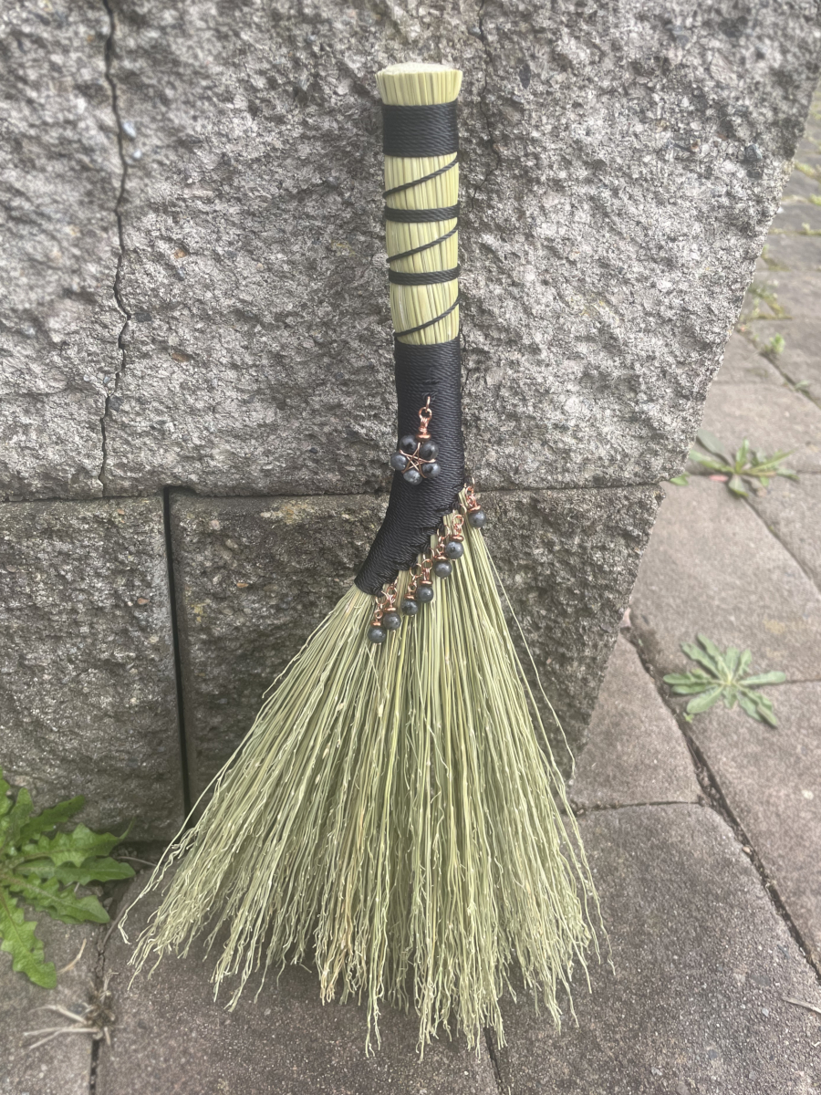 Handmade Hen Wing 14" Broom with Black Handle, Dark Labradorite Pendant with Copper Accents - Image 4