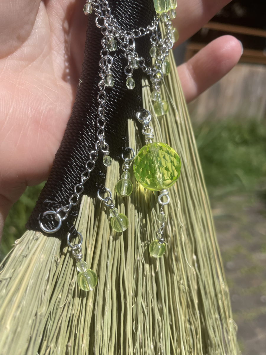 Handmade Hen Wing 15" Whisk Broom with Black Handle, Gas Mask Charm and UG Beads - Image 5