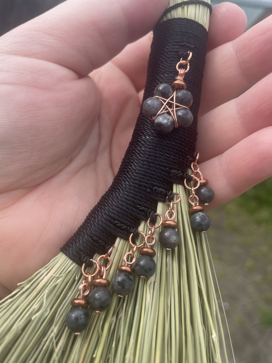 Handmade Hen Wing 14" Broom with Black Handle, Dark Labradorite Pendant with Copper Accents - Image 6