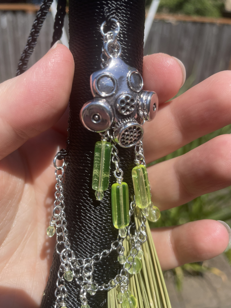 Handmade Hen Wing 15" Whisk Broom with Black Handle, Gas Mask Charm and UG Beads - Image 6