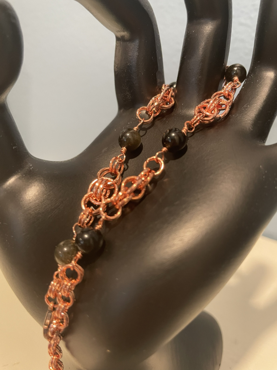 Copper Tone Chainmail Bracelet with Obsidian Beads - Image 5