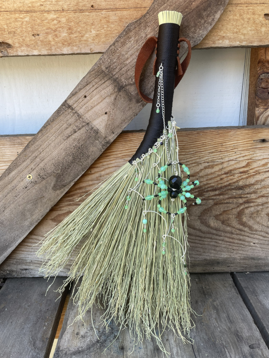 Handmade Hen Wing 15" Whisk Broom with Black Handle, Spider Web and UG Beads - Image 2