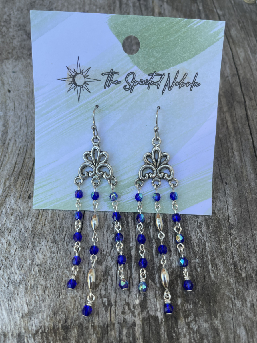 Handmade Earrings Chandelier Style, Cobalt Blue Glass Beads with Stainless Steel Fishhook Ear Wire