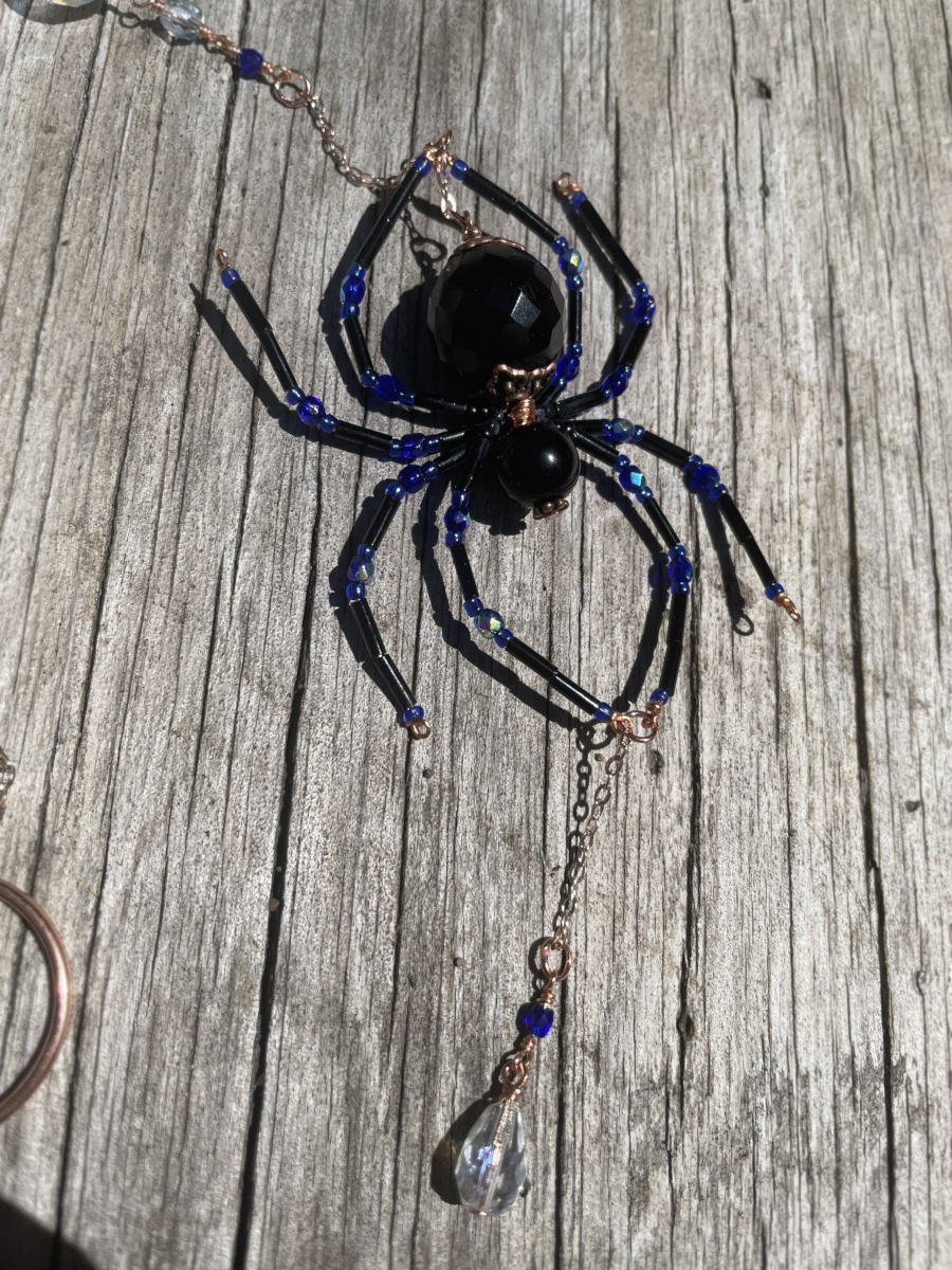 Handmade Hanging Spider Suncatcher, Black with Blue Accents, Copper - Image 2