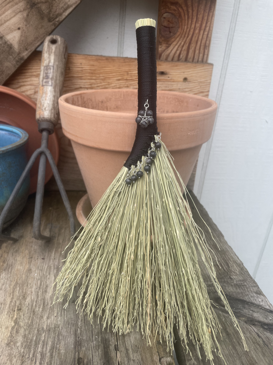 Handmade Hen Wing 11" Broom with Black Handle, Dark Labradorite Pendant with Silver Tone Accents