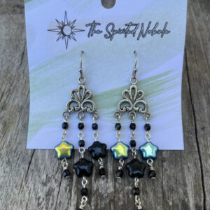 Handmade Earrings Chandelier Style, Black Glass Star Beads with Stainless Steel Fishhook Ear Wire