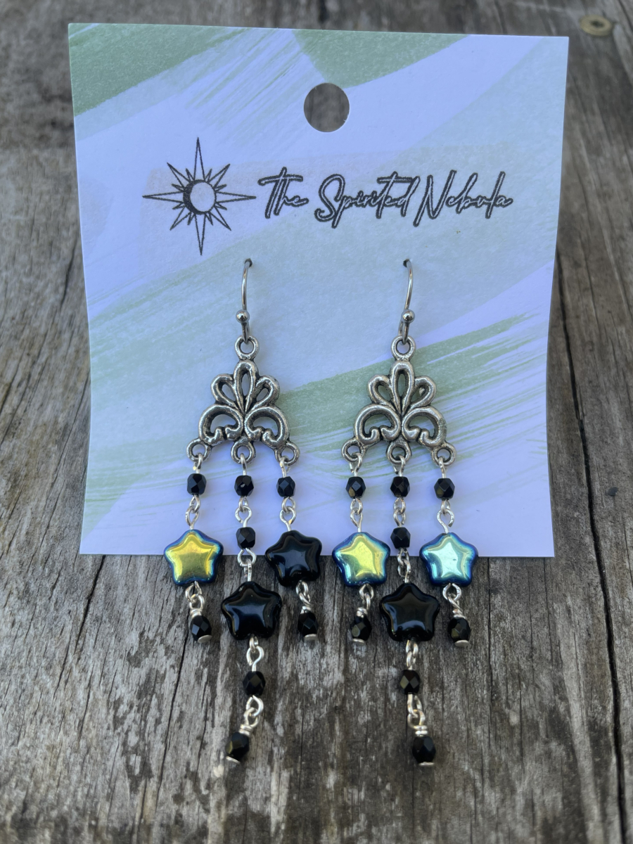 Handmade Earrings Chandelier Style, Black Glass Star Beads with Stainless Steel Fishhook Ear Wire