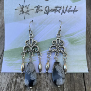 Handmade Earrings, Dangle Snowflake Obsidian Teardrop Beads with Stainless Steel Fishhook Ear Wire