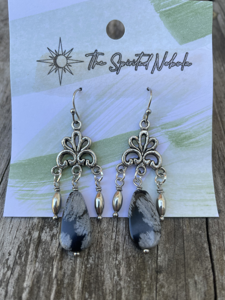 Handmade Earrings, Dangle Snowflake Obsidian Teardrop Beads with Stainless Steel Fishhook Ear Wire