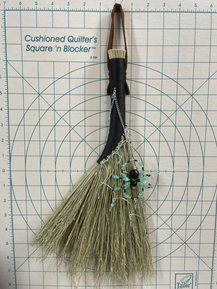 Handmade Hen Wing 15" Whisk Broom with Black Handle, Spider Web and UG Beads - Image 9